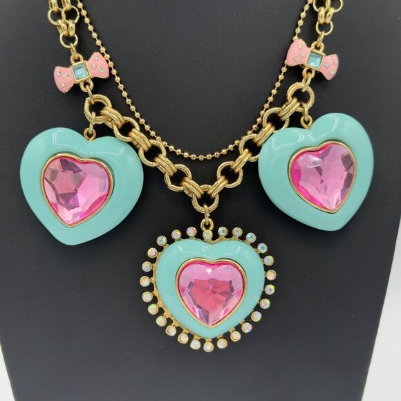 Betsey Johnson Candy Land Heart Necklace Retired Statement Aqua Blue Pink - Picture 2 of 14